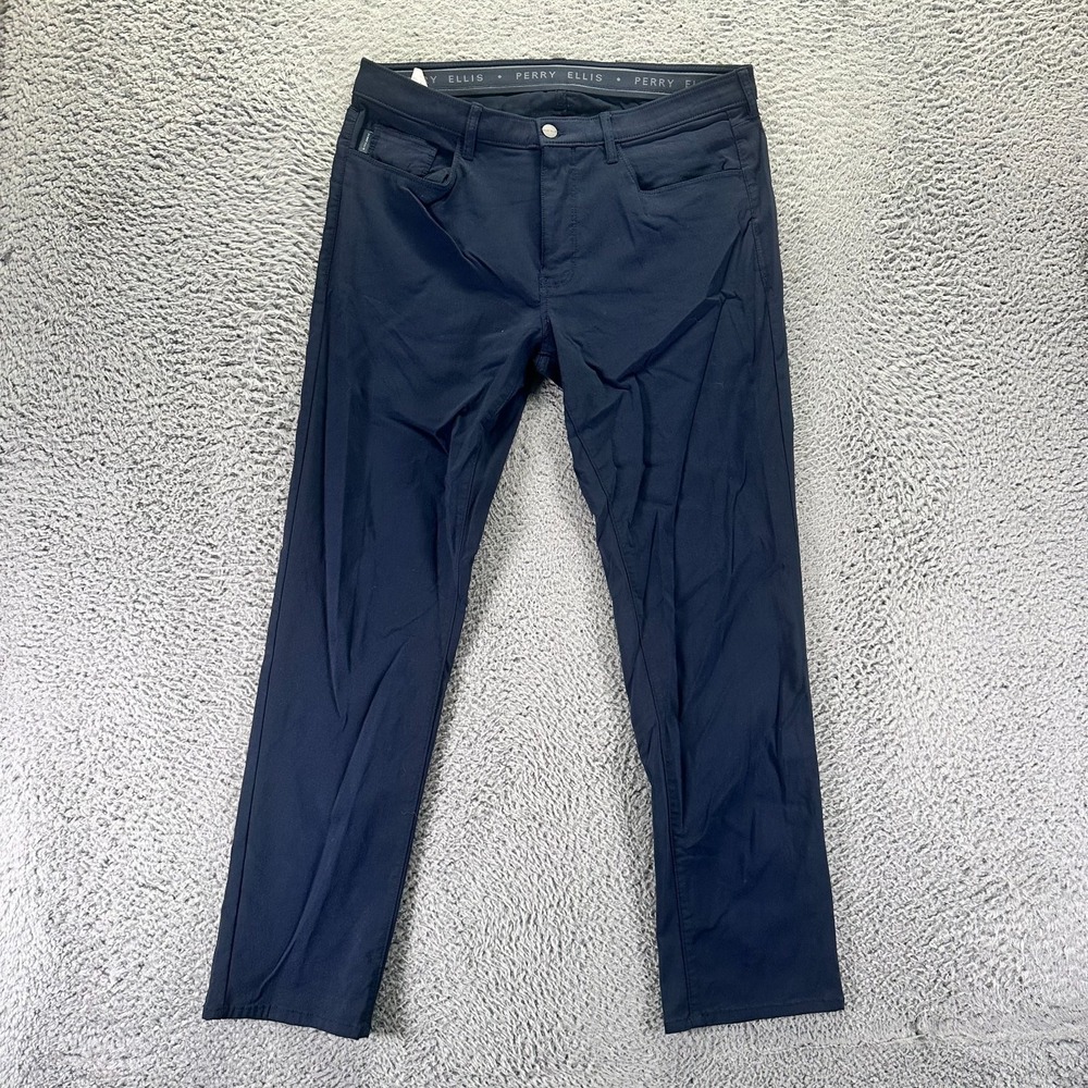 Perry Ellis Pant Mens 34x30 Blue Viscose Golf Straight Slim Performance Stretch